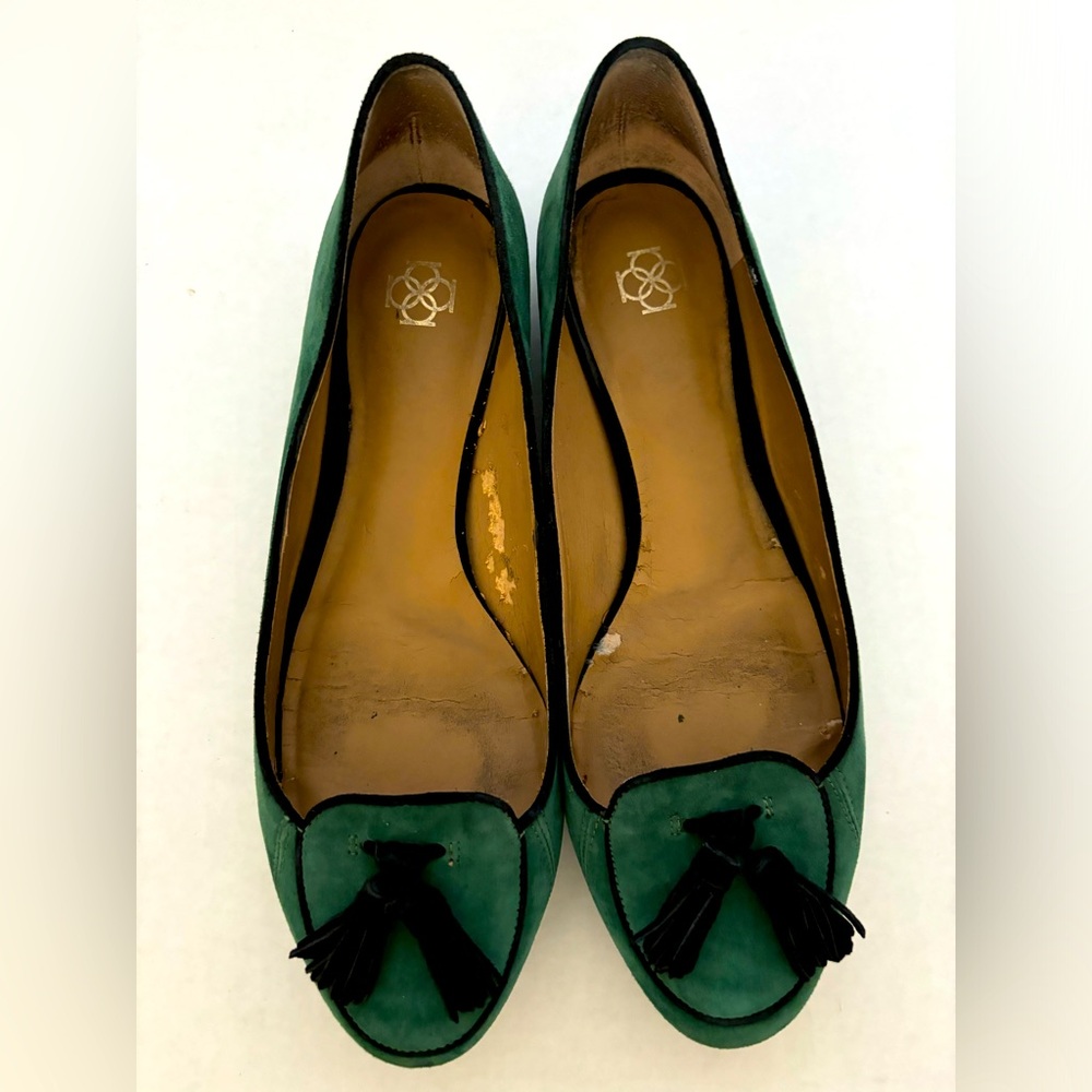 Ann Taylor Piper Suede Tassel Smoking Shoe. Ivy League Green